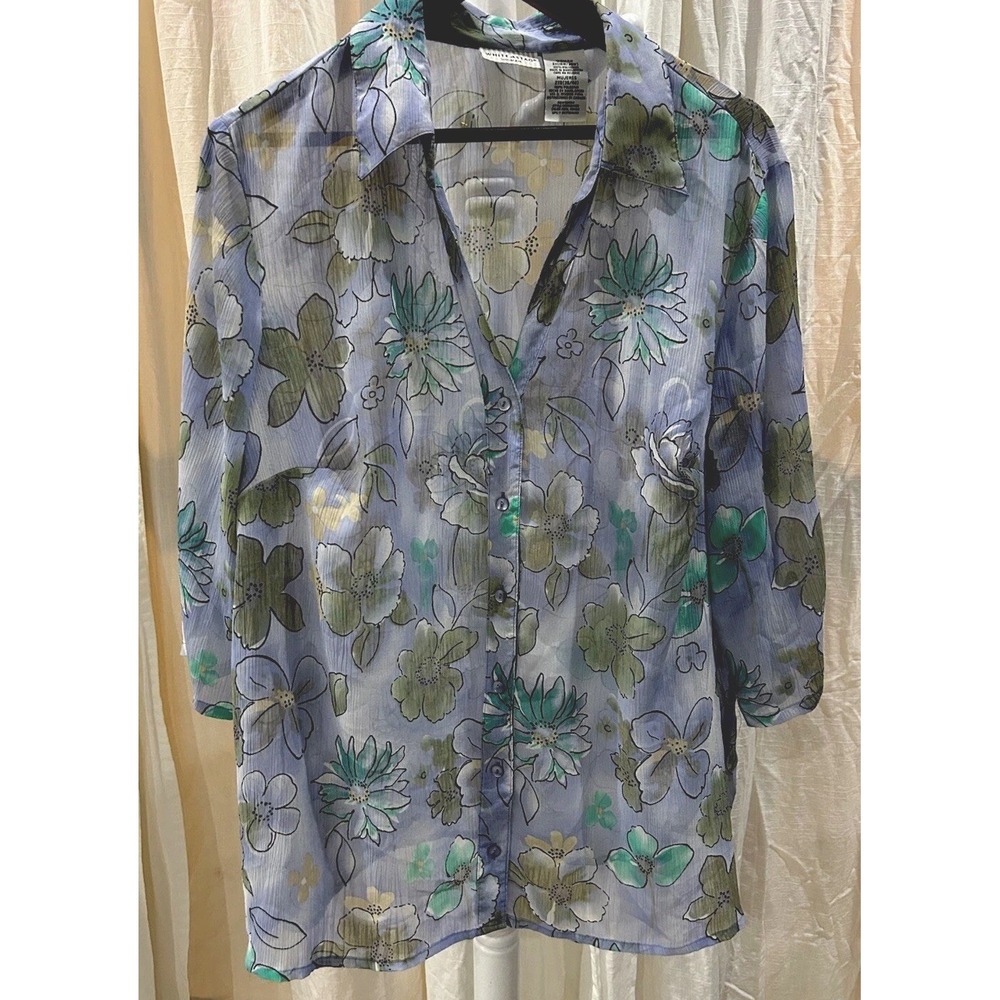 White Stag Womens 2X Sheer Button Down Top Blue Floral Lightweight Mature Travel